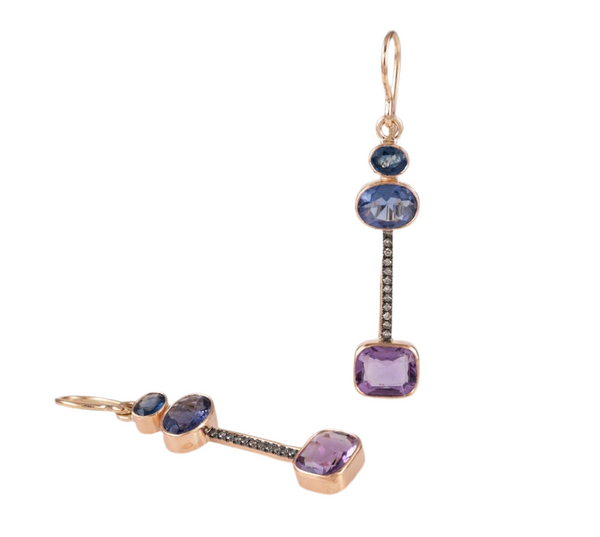 IA Jewels 14 carat gold earrings with amethysts, sapphires, spinels and diamonds