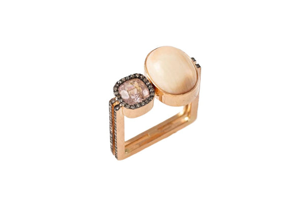 IA Jewels 14 carat gold ring with vintage coral, tourmaline and diamonds