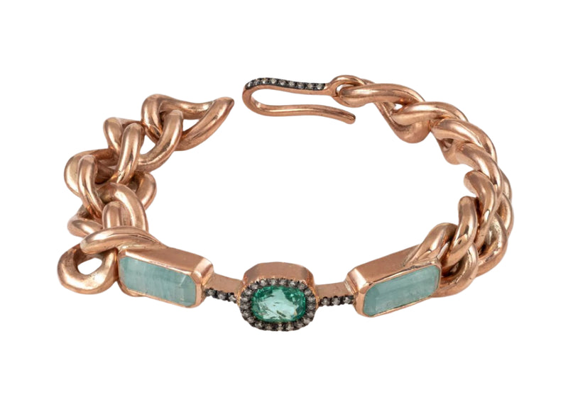 IA Jewels Gold Plated Silver Chain Bracelet with Beryl, 2 Green Tourmalines and Diamonds