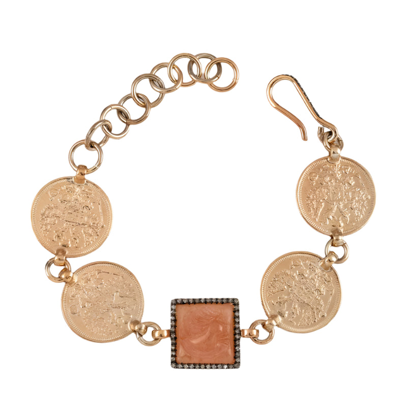 IA Jewels Gold Plated Silver Bracelet with Rare Rose Agate Cameo, Antique Coins and Diamonds