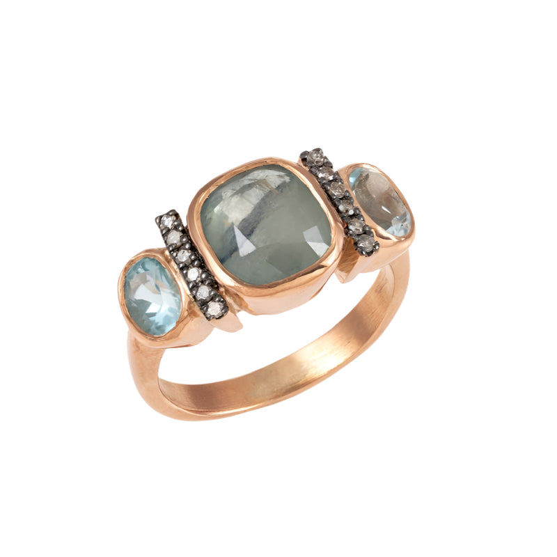 IA Jewels Gold Plated Silver Ring with Grey Sapphire, Aquamarines and Diamonds