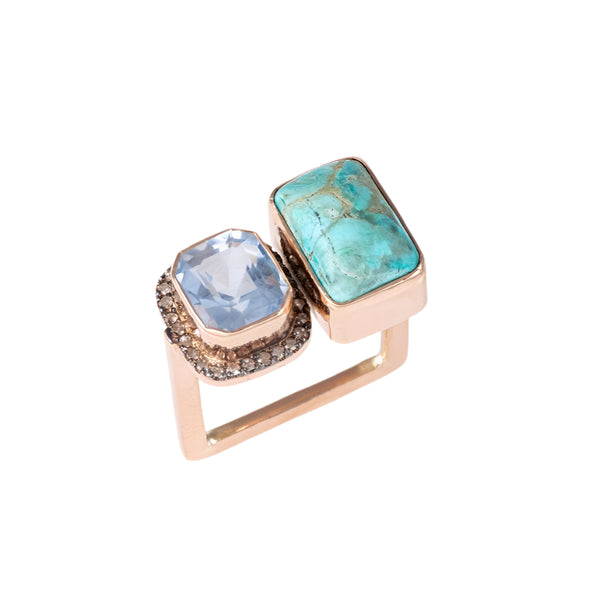 IA Jewels 9 Carat Gold Ring with Aqua Beryl, Turquoise and Diamonds